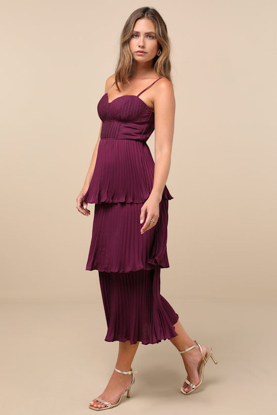 Cascading Crush Plum Purple Tiered Bustier Midi Dress