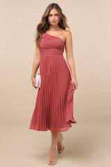 Wondrous Muse Rusty Rose Pleated One-Shoulder Midi Dress