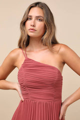 Wondrous Muse Rusty Rose Pleated One-Shoulder Midi Dress