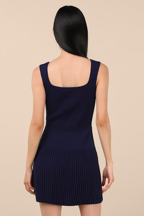Audie Navy Ribbed Knit Sleeveless Sweater Mini Dress