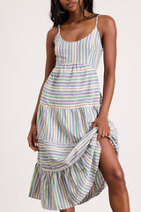 Journi Green Multi Striped Tiered Midi Dress