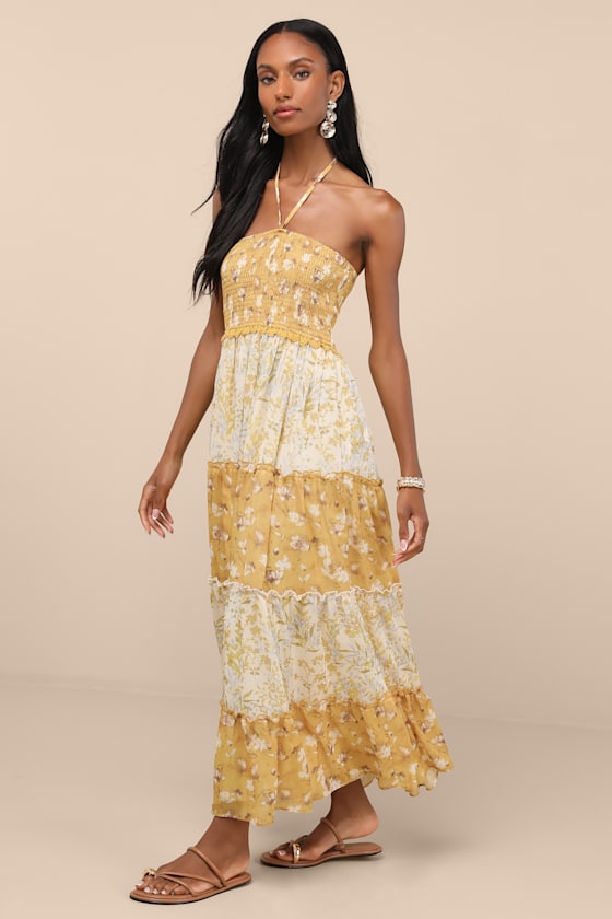 Bennie Yellow and Ivory Floral Tiered Halter Maxi Dress
