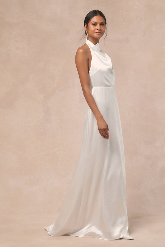 Meliana White Satin Halter Backless Maxi Dress