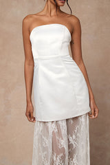 Winslet White Satin Sheer Hem Strapless Maxi Dress
