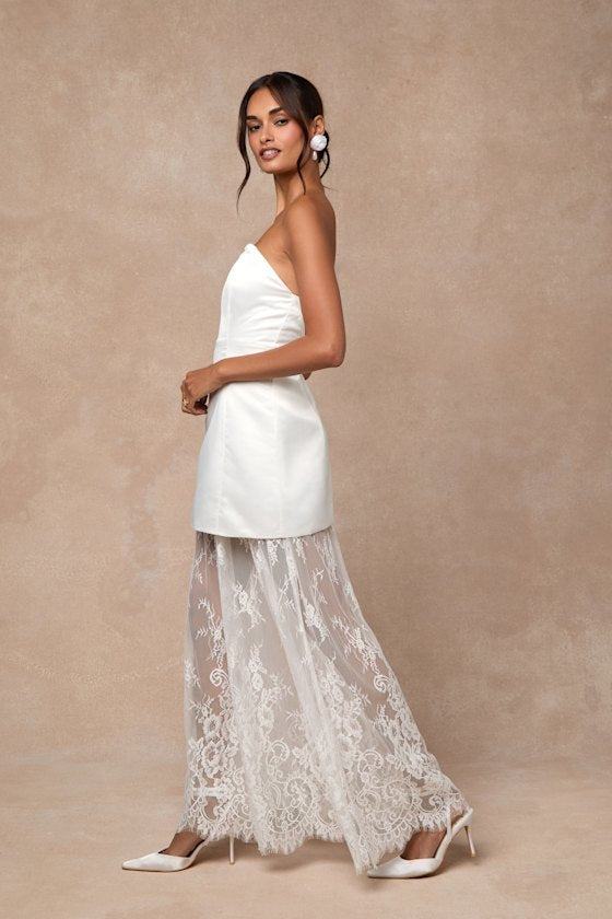 Winslet White Satin Sheer Hem Strapless Maxi Dress