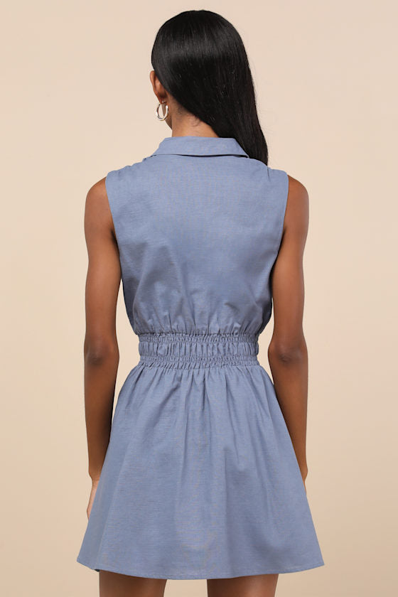 Jaliyah Blue Collared Button-Front Mini Dress