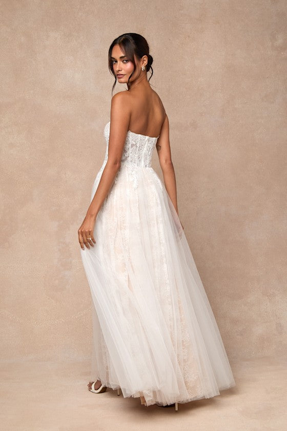 Colette White and Beige Lace Bustier Maxi Dress