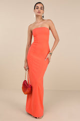 Ismene Bright Orange Seamed Strapless Maxi Dress