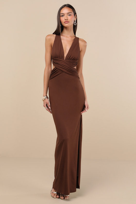 Alexandria Brown Backless Column Maxi Dress