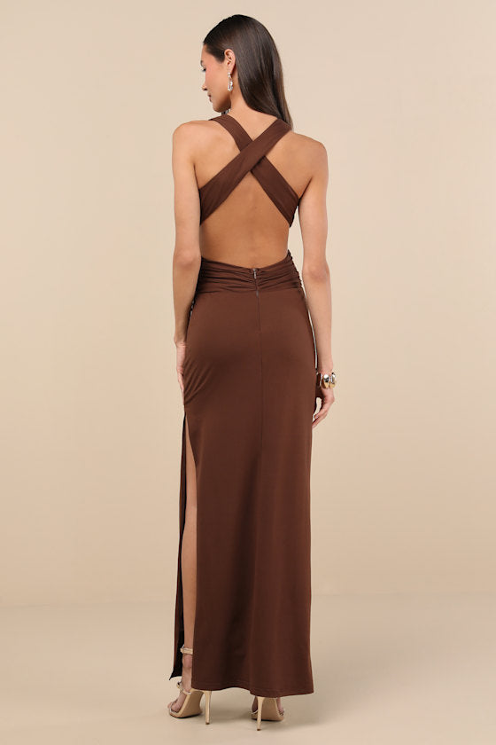 Alexandria Brown Backless Column Maxi Dress