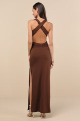 Alexandria Brown Backless Column Maxi Dress