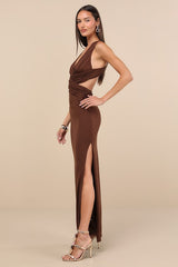 Alexandria Brown Backless Column Maxi Dress