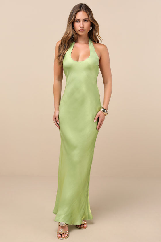Lashay Light Green Satin Halter Mermaid Maxi Dress