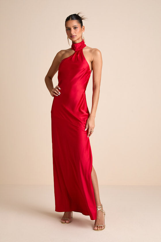 Madalena Red Satin Cowl Back Maxi Dress