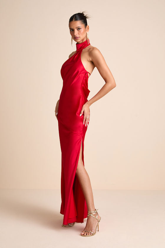 Madalena Red Satin Cowl Back Maxi Dress