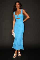 Aelara Turquoise Mesh Ruched Trumpet Midi Dress