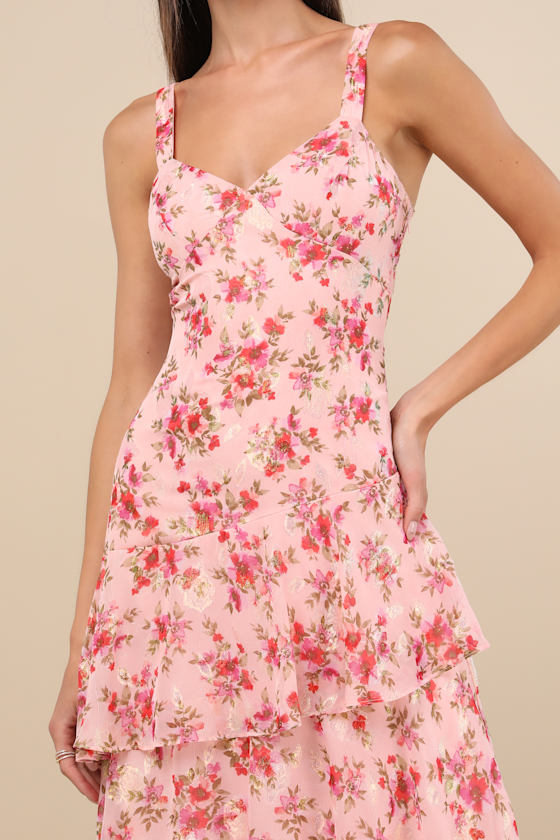 Laurette Pink Floral Tiered Sleeveless Maxi Dress