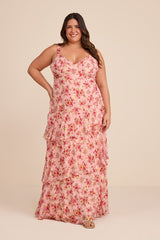 Laurette Pink Floral Tiered Sleeveless Maxi Dress