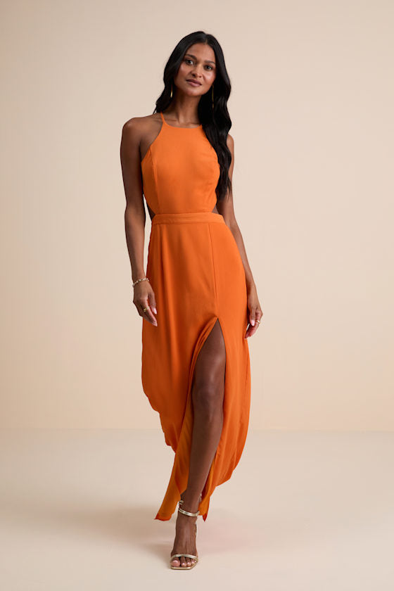 Nettie Orange Halter Backless Maxi Dress
