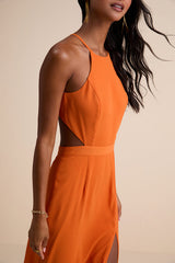 Nettie Orange Halter Backless Maxi Dress