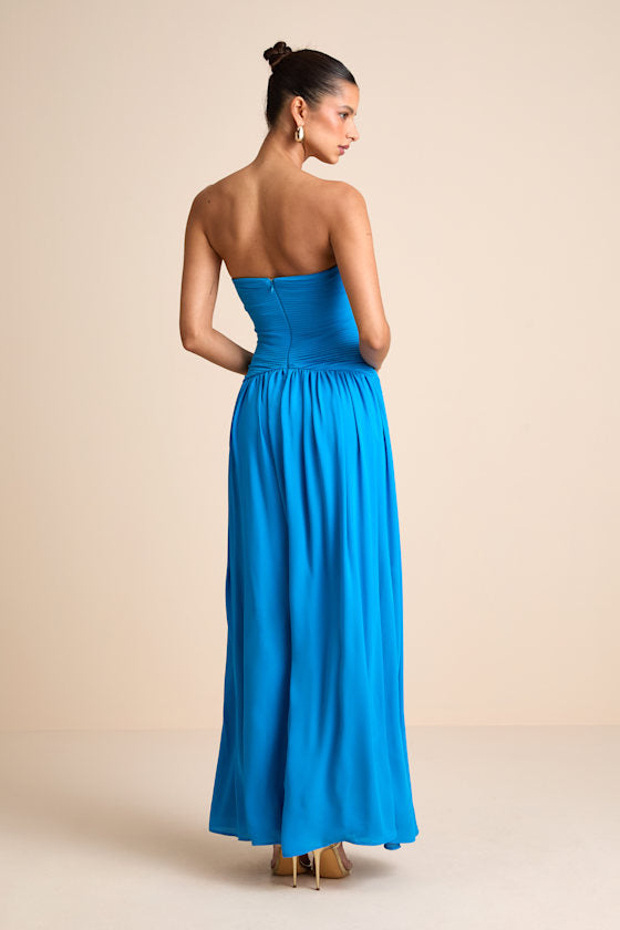 Rozala Bright Blue Pleated Strapless Maxi Dress