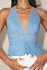 Iolani Light Wash Denim Tie-Back Peplum Halter Top