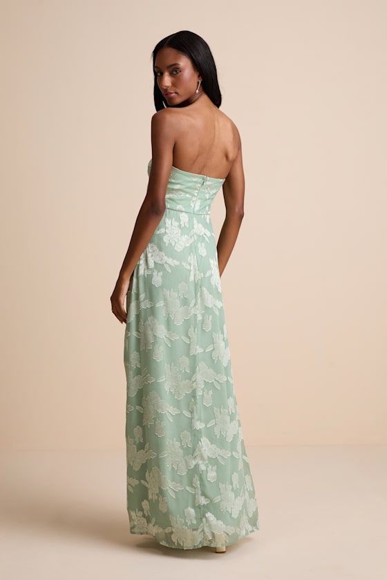 Danae Sage Green Floral Jacquard Strapless Maxi Dress