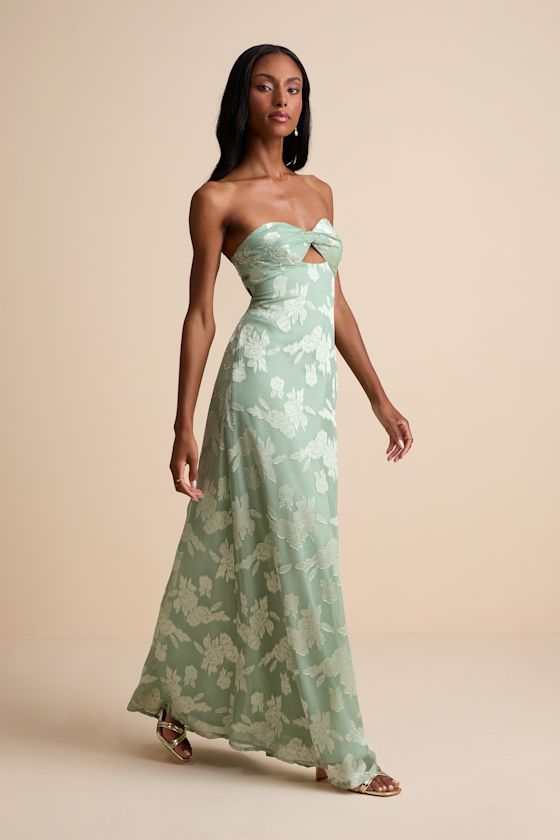 Danae Sage Green Floral Jacquard Strapless Maxi Dress
