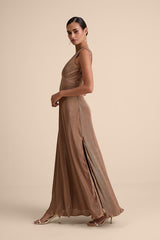 Renee Light Brown Satin Plisse V-Neck Maxi Dress