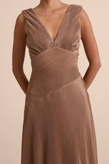 Renee Light Brown Satin Plisse V-Neck Maxi Dress