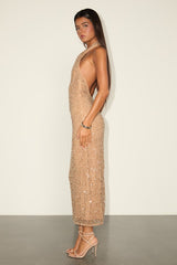 Julianna Beige Sequin Halter Backless Midi Dress