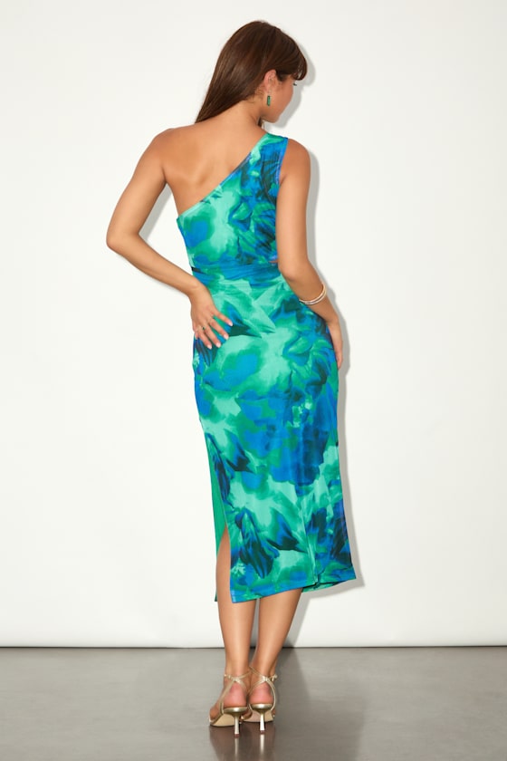 Ismerida Green and Blue Abstract Mesh One-Shoulder Midi Dress