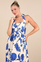 Layton Blue and Cream Floral Halter Maxi Dress