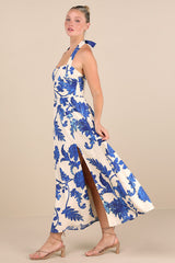 Layton Blue and Cream Floral Halter Maxi Dress