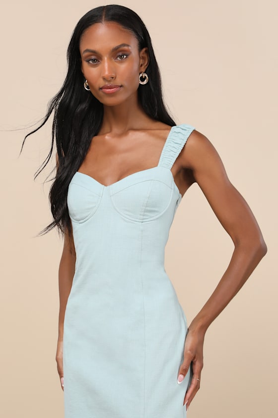 Amyra Light Blue Cap Sleeve Bustier Midi Dress