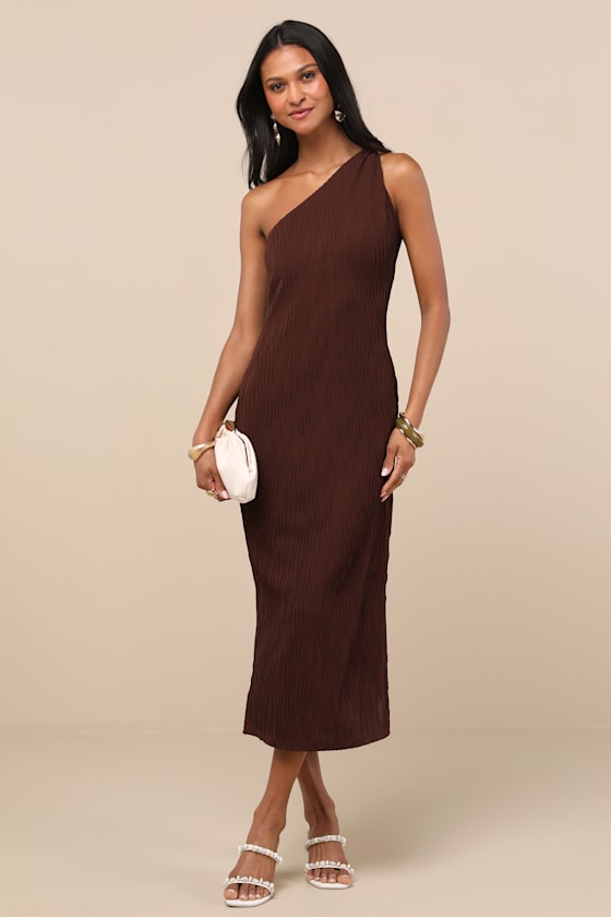 Aristea Brown Textured One-Shoulder Midi Dress