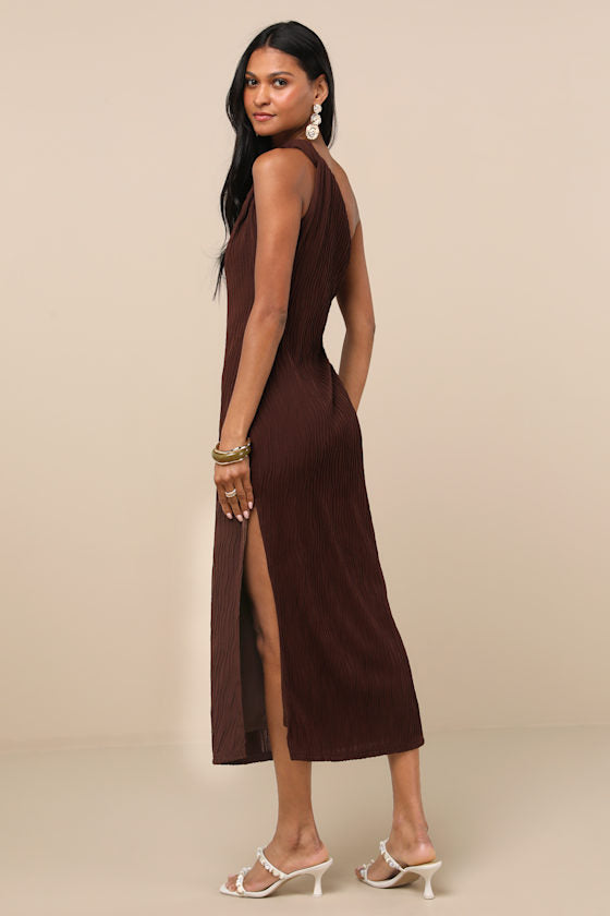 Aristea Brown Textured One-Shoulder Midi Dress