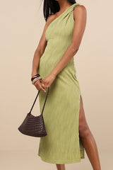 Aristea Light Green Textured One-Shoulder Midi Dress
