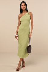 Aristea Light Green Textured One-Shoulder Midi Dress