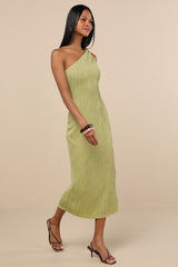 Aristea Light Green Textured One-Shoulder Midi Dress