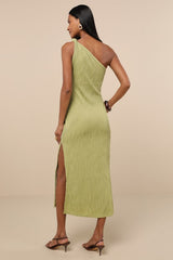 Aristea Light Green Textured One-Shoulder Midi Dress