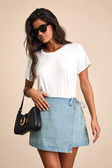 Eileen Light Wash Denim Faux-Wrap Mini Skirt