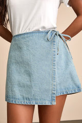 Eileen Light Wash Denim Faux-Wrap Mini Skirt
