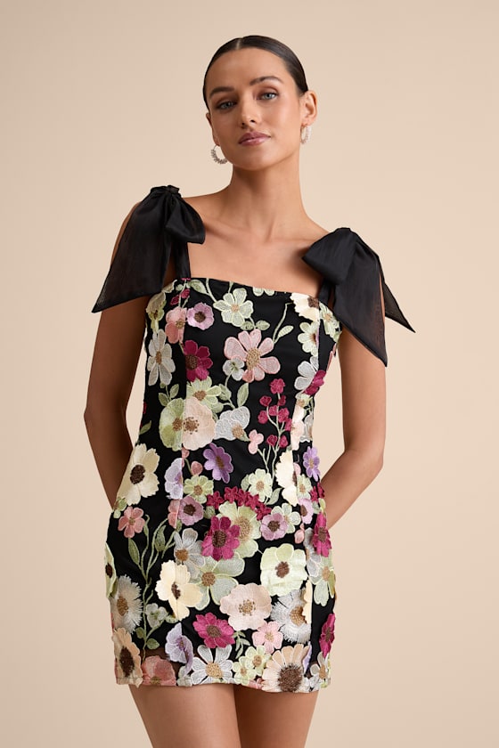 Emphatically Adorable Black Floral Tie-Strap Mini Dress