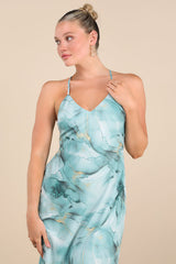 Bright Charm Light Blue Abstract Print Chiffon Slip Midi Dress