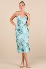 Bright Charm Light Blue Abstract Print Chiffon Slip Midi Dress