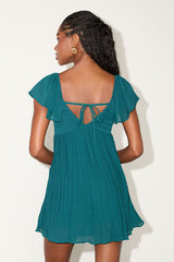 Amalfi Coast Emerald Pleated Flutter Sleeve Mini Dress