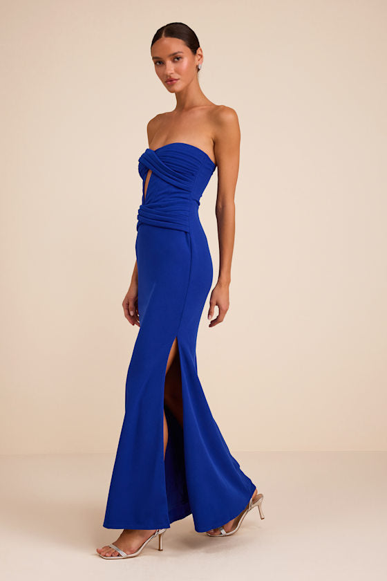 Elegant Finesse Royal Blue Pleated Cutout Maxi Dress