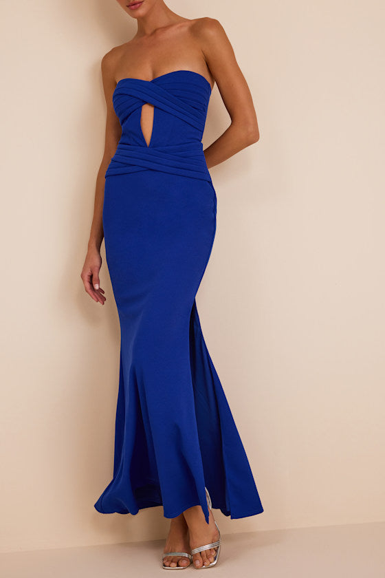 Elegant Finesse Royal Blue Pleated Cutout Maxi Dress