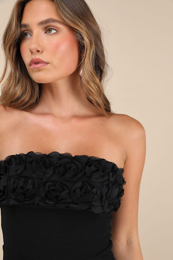 Fiore Black 3D Rosette Strapless Maxi Dress